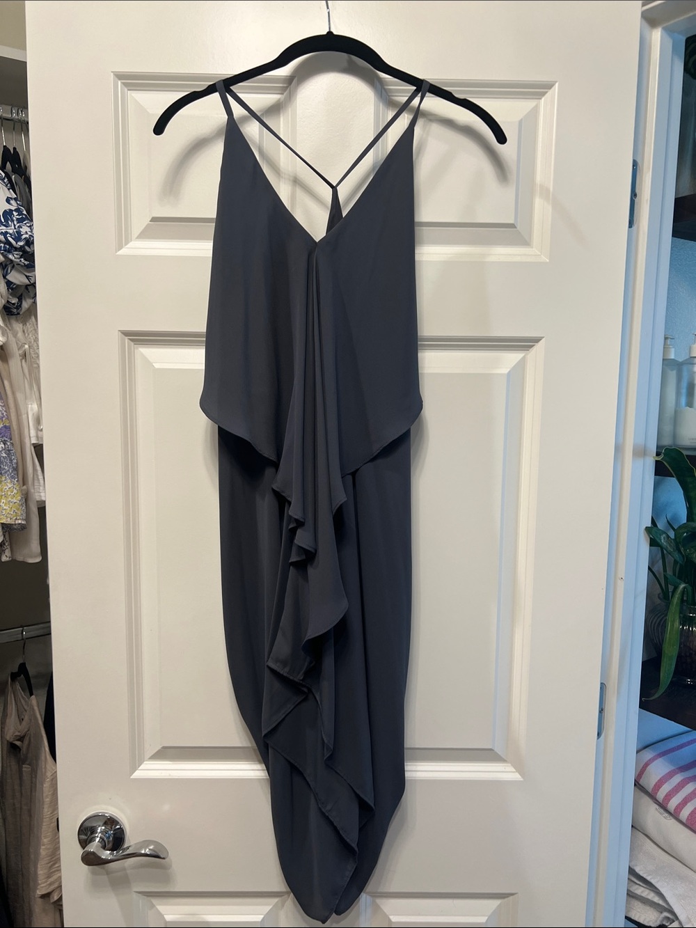 Olivaceous Charcoal Gray High-Low Ruffle Spaghetti Strap Dress